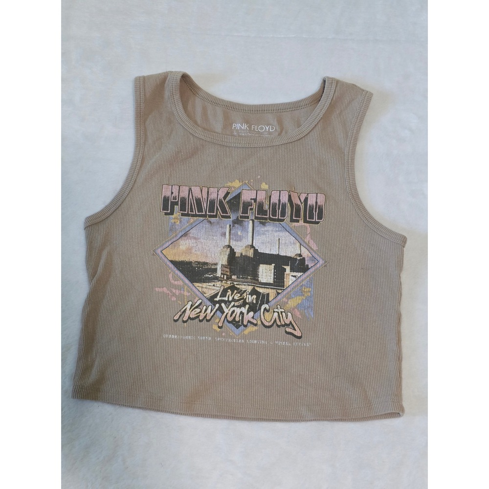 Pink Floyd Live in New York City Ribbed Graphic Crop Tank Top Tan Medium